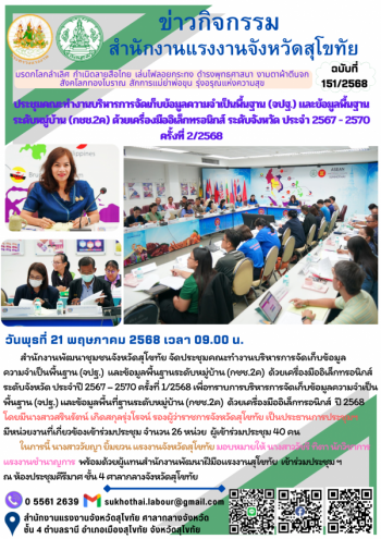 ประชุมคณะทำงานบริหารการจัดเก็บข้อมูลความจำเป็นพื้นฐาน (จปฐ.) และข้อมูลพื้นฐานระดับหมู่บ้าน (กชช.2ค) ด้วยเครื่องมืออิเล็กทรอนิกส์ ระดับจังหวัด ประจำ 2567 – 2570 ครั้งที่ 2/2568